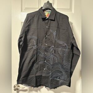 Robert Graham Button Down - Black w Blue Embroidery & Octopus - Medium